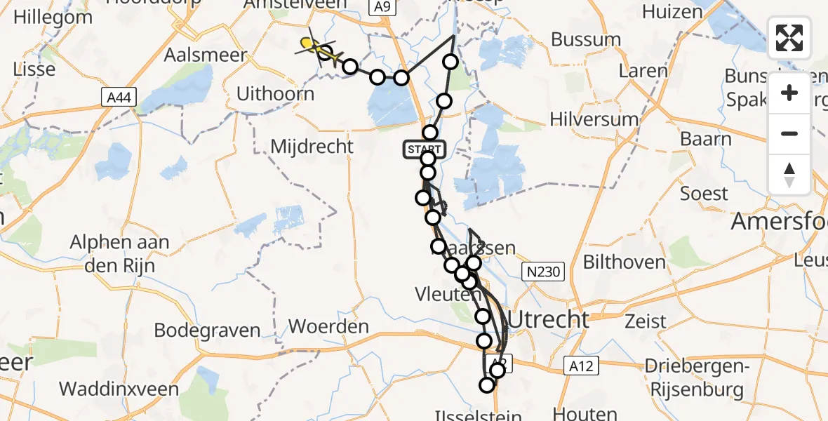 Routekaart van de vlucht: Politieheli naar Amstelveen