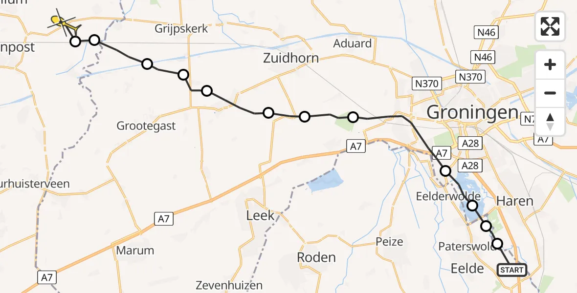 Routekaart van de vlucht: Ambulanceheli naar Buitenpost