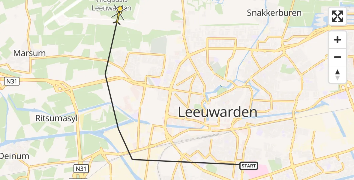 Vluchtroute Ambulancehelikopter van Leeuwarden naar Vliegbasis Leeuwarden