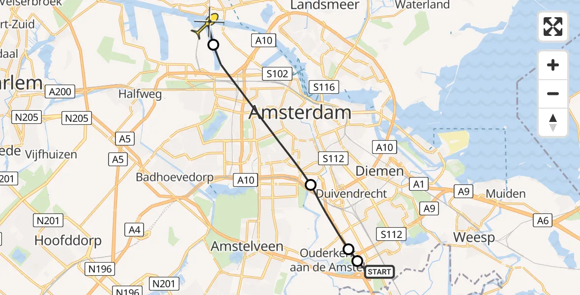 Routekaart van de vlucht: Lifeliner 1 naar Amsterdam Heliport