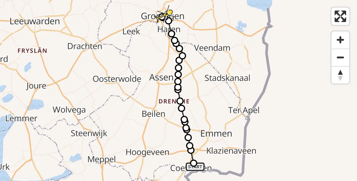 Routekaart van de vlucht: Lifeliner 4 naar Universitair Medisch Centrum Groningen