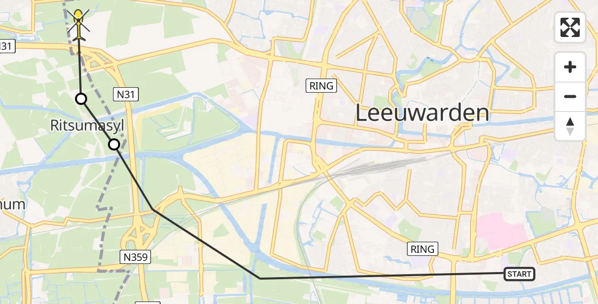 Routekaart van de vlucht: Ambulancehelikopter naar Leeuwarden