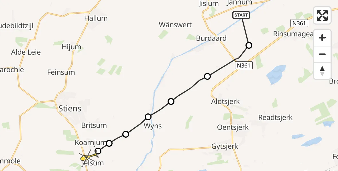 Routekaart van de vlucht: Ambulancehelikopter naar Jelsum