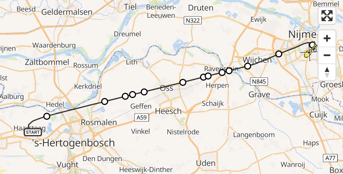 Routekaart van de vlucht: Lifeliner 3 naar Radboud Universitair Medisch Centrum