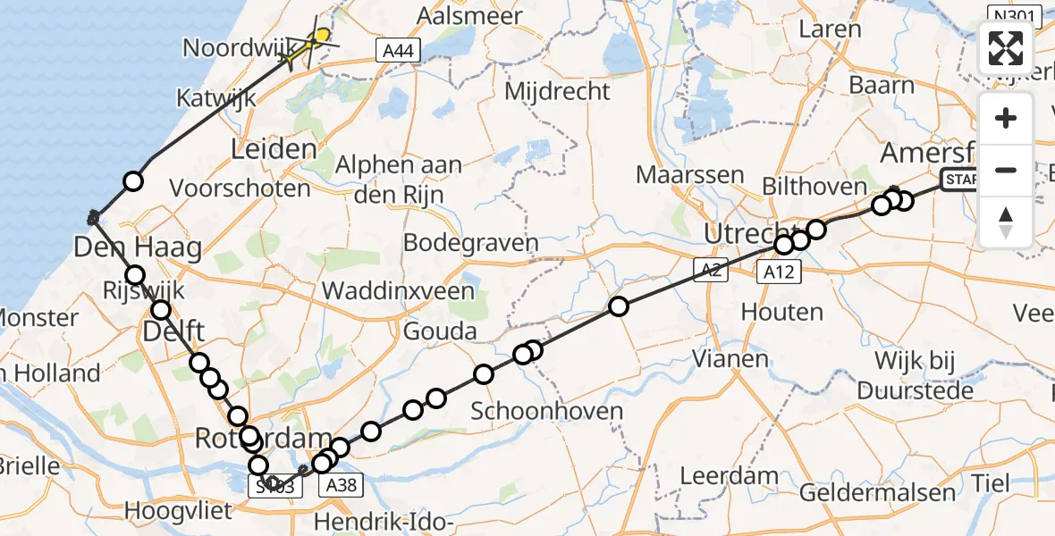 Routekaart van de vlucht: Politieheli naar Lisse