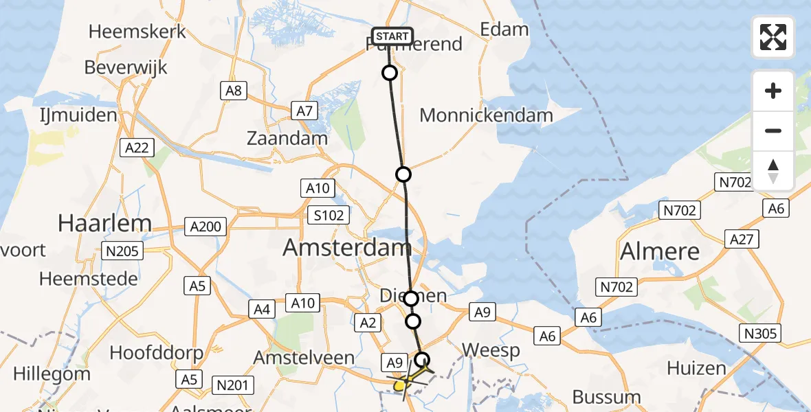 Routekaart van de vlucht: Lifeliner 1 naar Academisch Medisch Centrum (AMC)