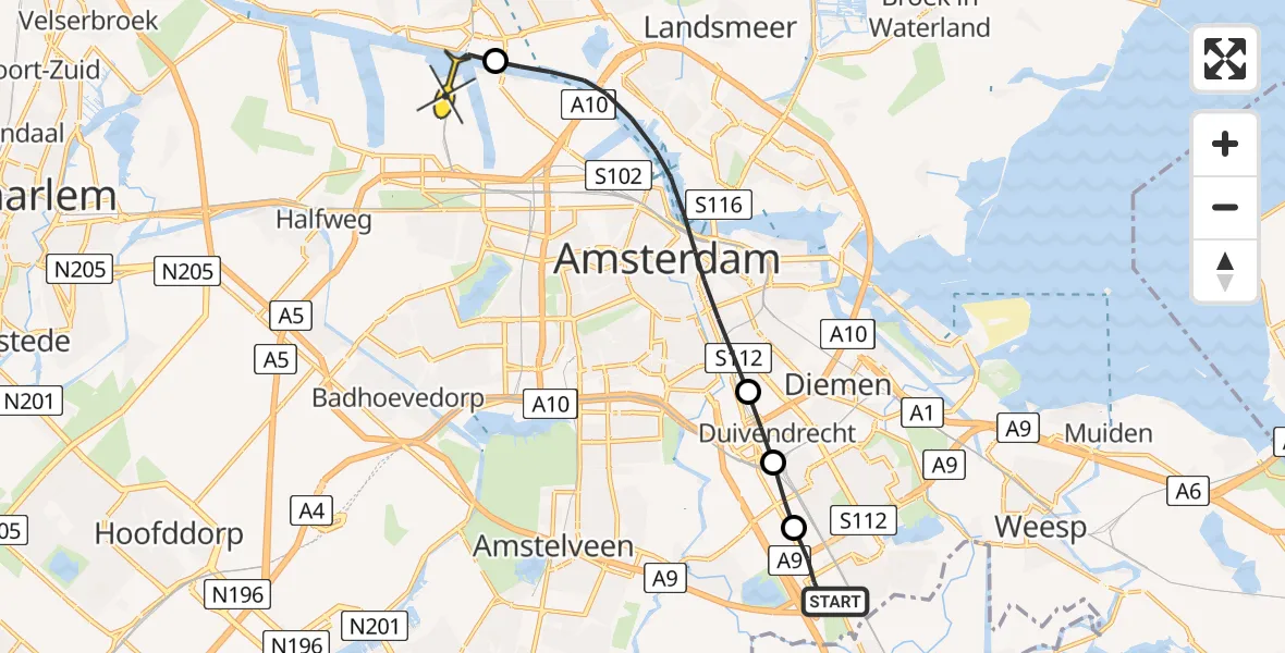 Routekaart van de vlucht: Lifeliner 1 naar Amsterdam Heliport