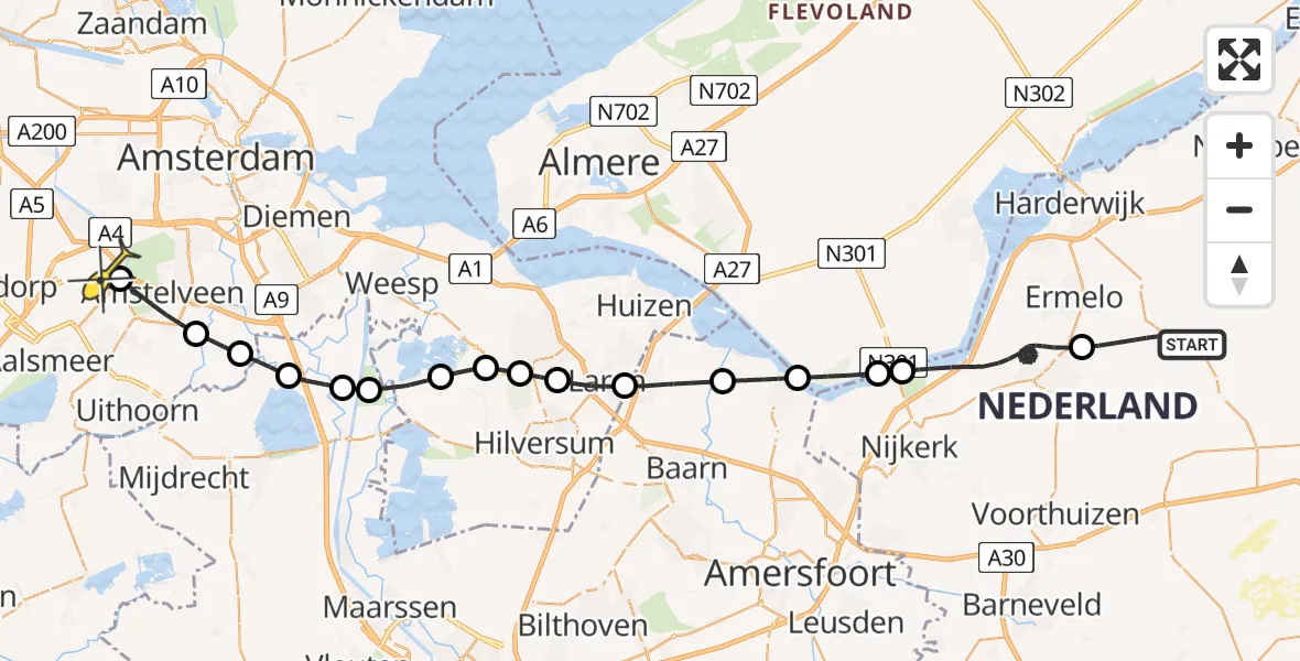 Routekaart van de vlucht: Politieheli naar Schiphol