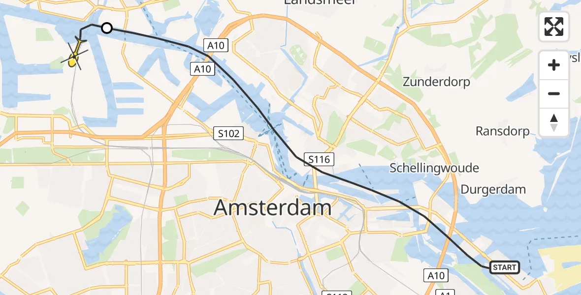 Routekaart van de vlucht: Lifeliner 1 naar Amsterdam Heliport