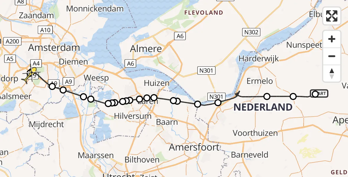 Routekaart van de vlucht: Politiehelikopter naar Schiphol