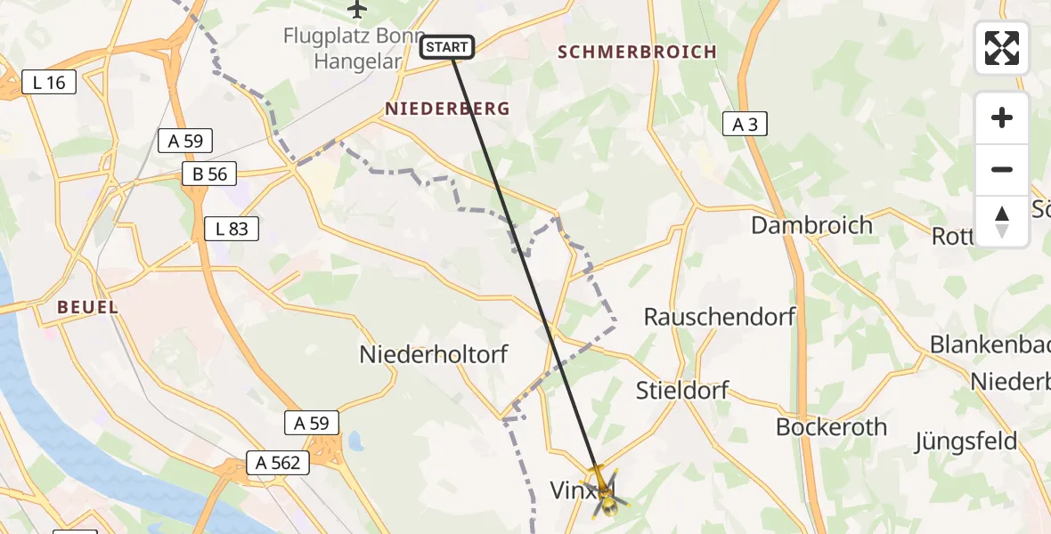 Vluchtroute Ambulancehelikopter Sankt Augustin - Königswinter, 30 oktober 2023, 08:48