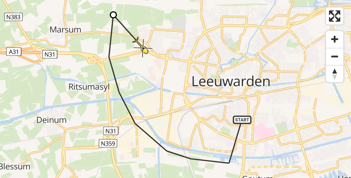 Vluchtroute Ambulancehelikopter van Leeuwarden naar Leeuwarden