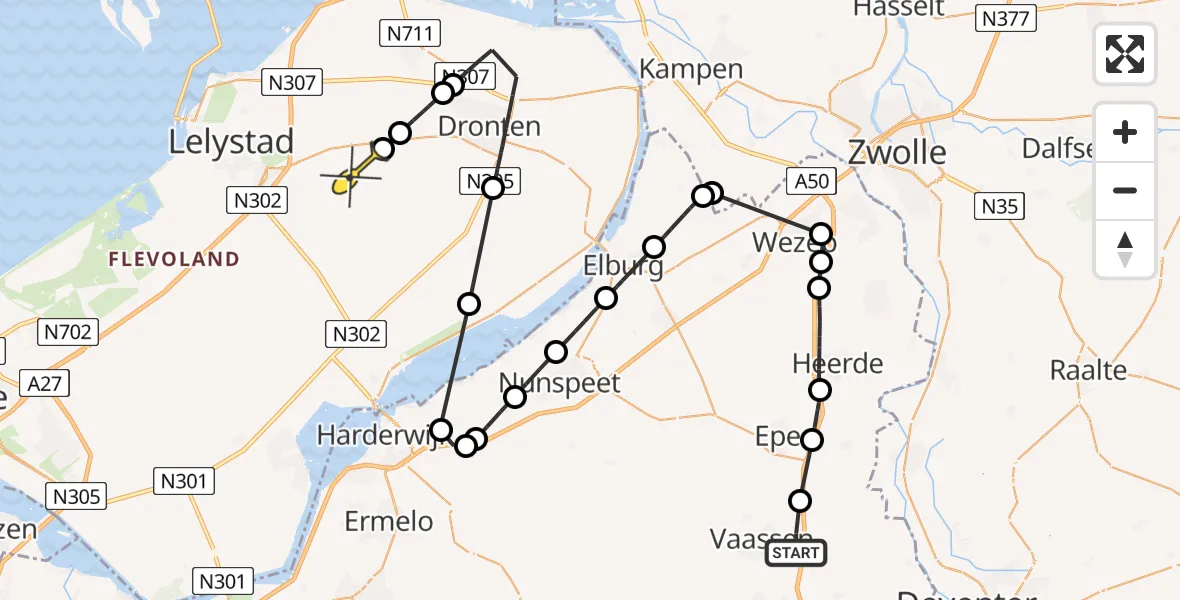 Routekaart van de vlucht: Politieheli naar Dronten