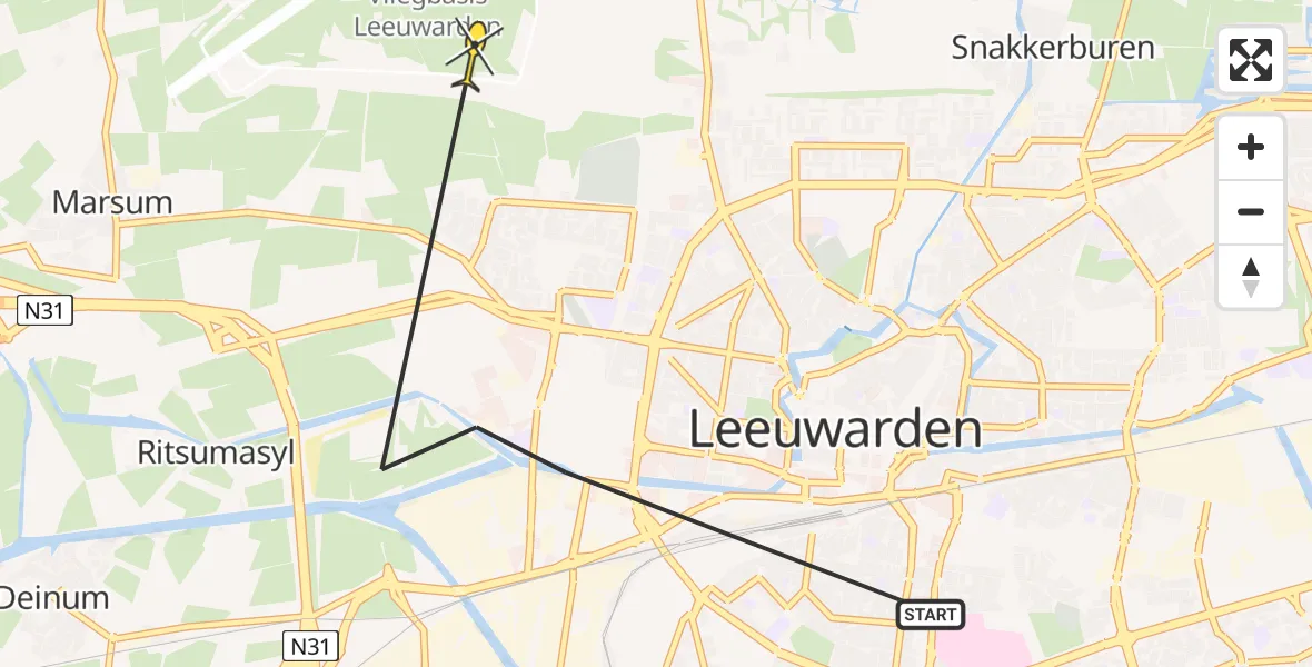 Vluchtroute Ambulancehelikopter van Leeuwarden naar Vliegbasis Leeuwarden