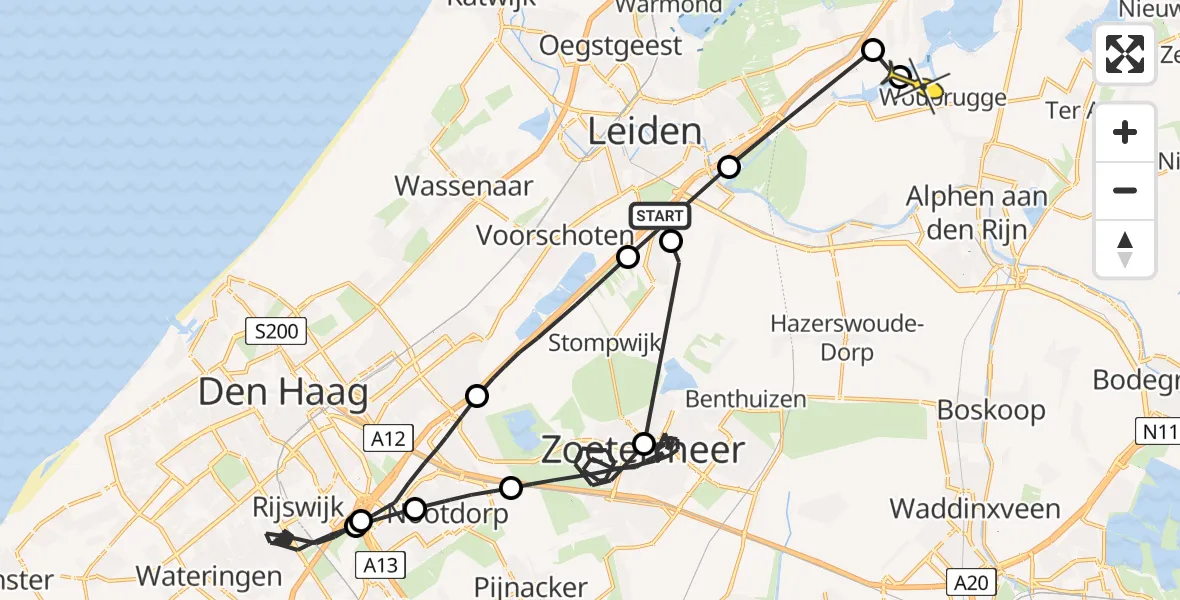Routekaart van de vlucht: Politiehelikopter naar Woubrugge