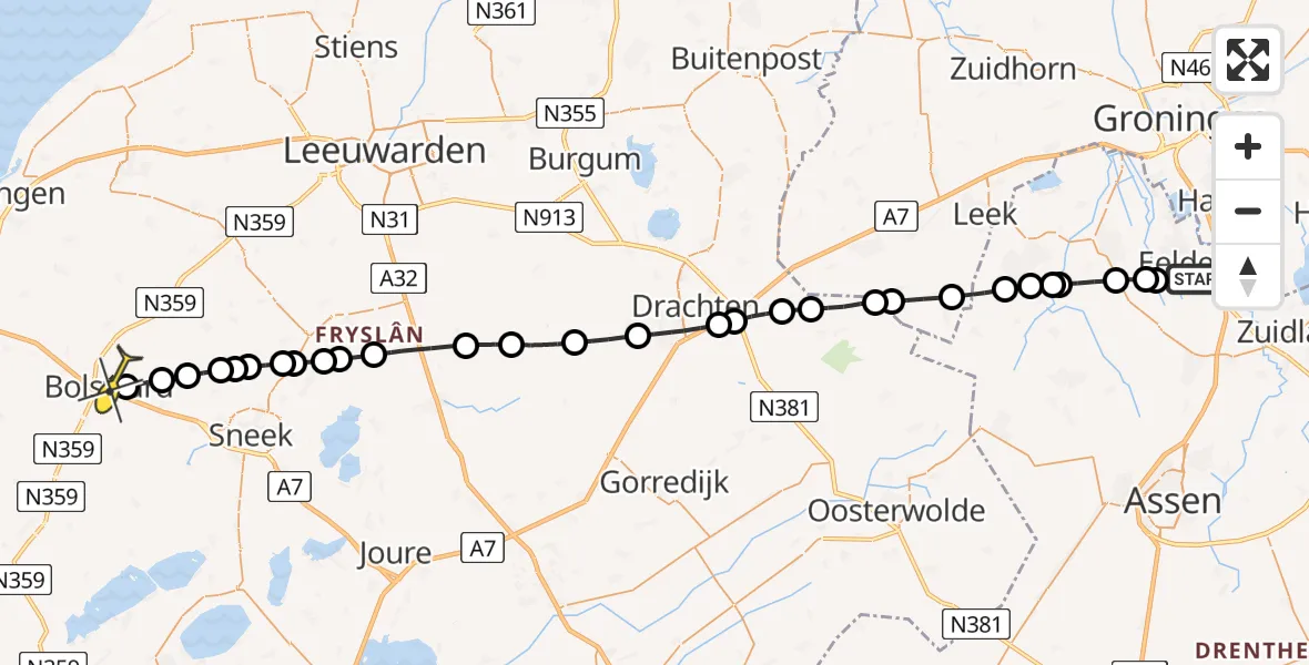 Routekaart van de vlucht: Lifeliner 4 naar Bolsward