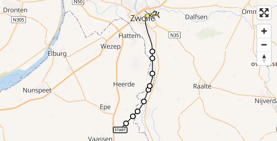 Routekaart van de vlucht: Politieheli naar Zwolle