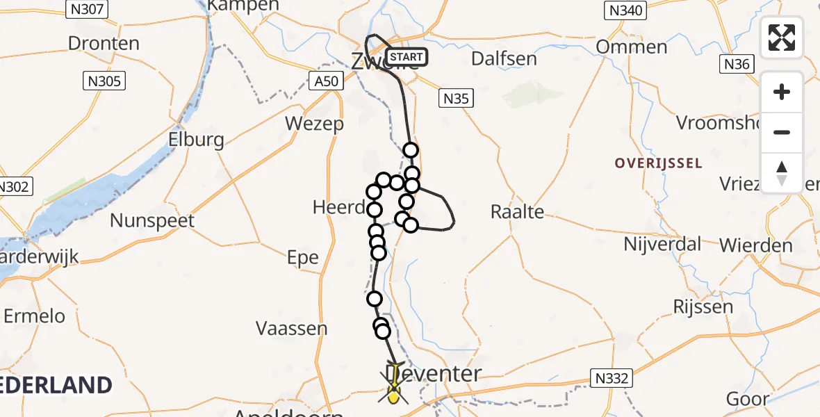Routekaart van de vlucht: Politiehelikopter naar Twello