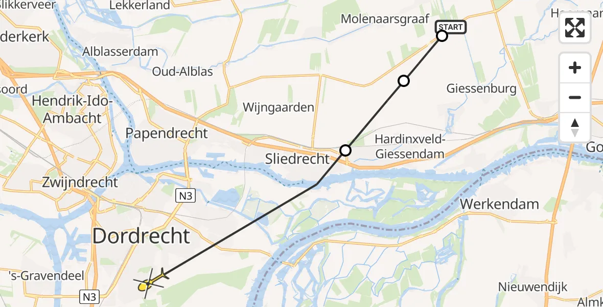 Routekaart van de vlucht: Politieheli naar Dordrecht