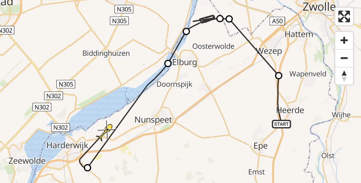 Routekaart van de vlucht: Politieheli naar Hierden