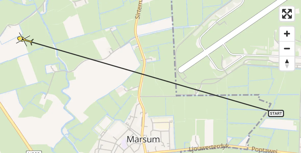 Vluchtroute Ambulancehelikopter van Leeuwarden naar Marsum