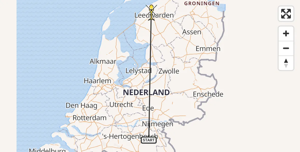 Vluchtroute Traumahelikopter van Vliegbasis Volkel naar Leeuwarden