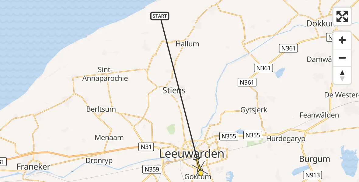 Routekaart van de vlucht: Ambulancehelikopter naar Leeuwarden