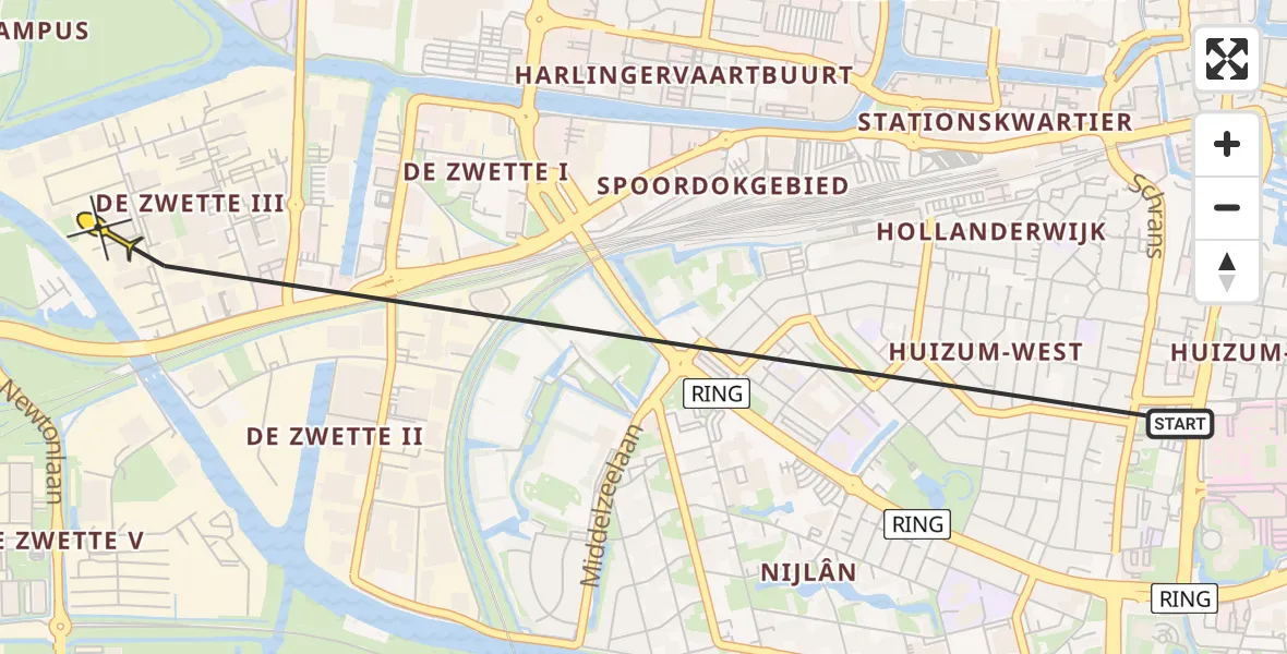 Routekaart van de vlucht: Ambulanceheli naar Leeuwarden