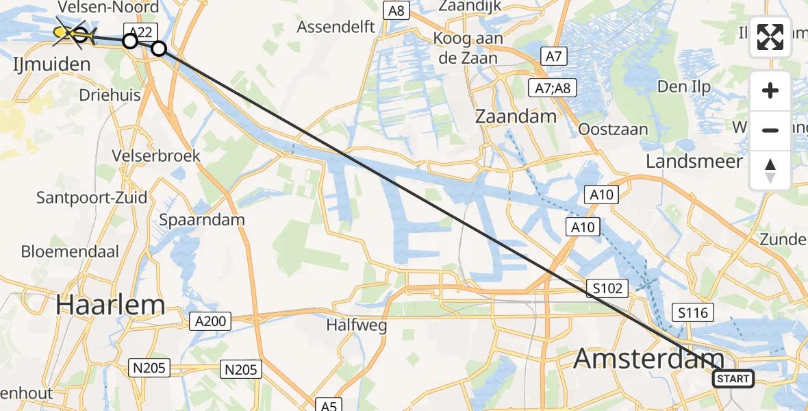 Routekaart van de vlucht: Politieheli naar IJmuiden