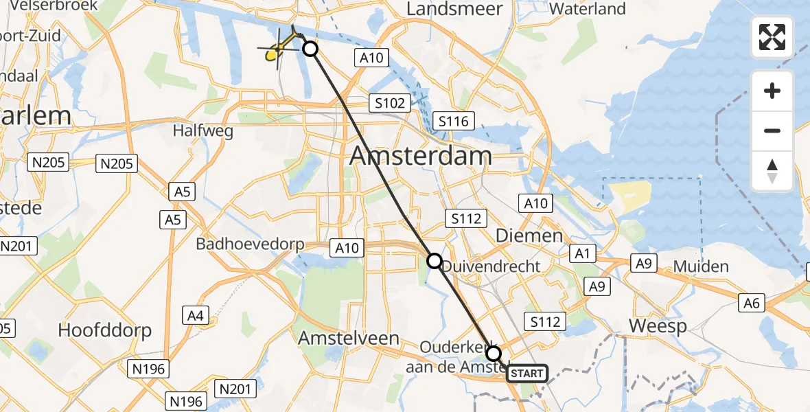 Routekaart van de vlucht: Lifeliner 1 naar Amsterdam Heliport