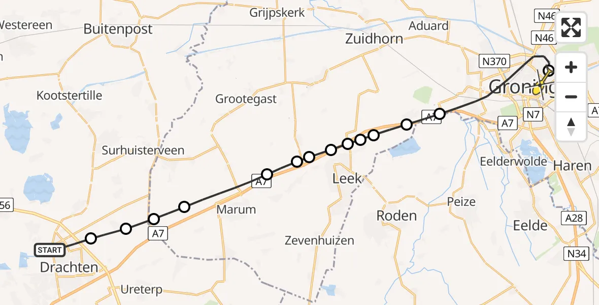 Routekaart van de vlucht: Lifeliner 4 naar Universitair Medisch Centrum Groningen