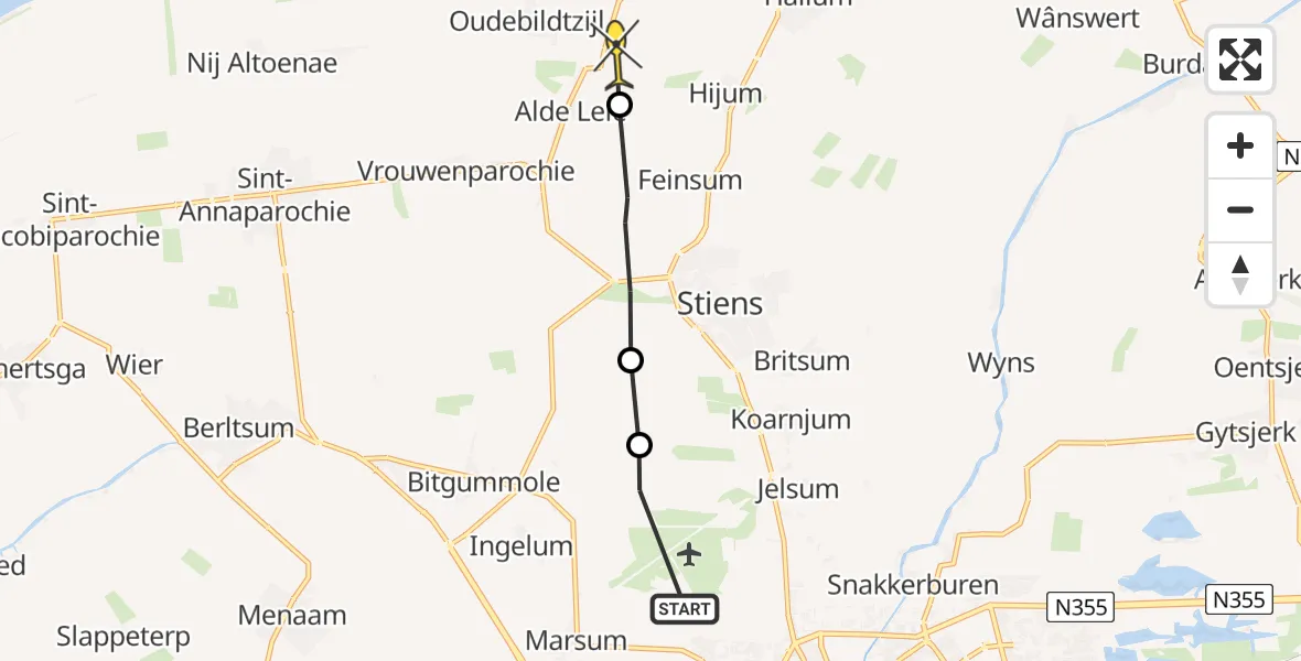 Routekaart van de vlucht: Ambulanceheli naar Hallum