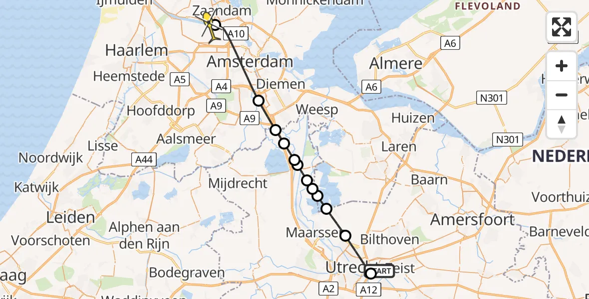 Routekaart van de vlucht: Lifeliner 1 naar Amsterdam Heliport