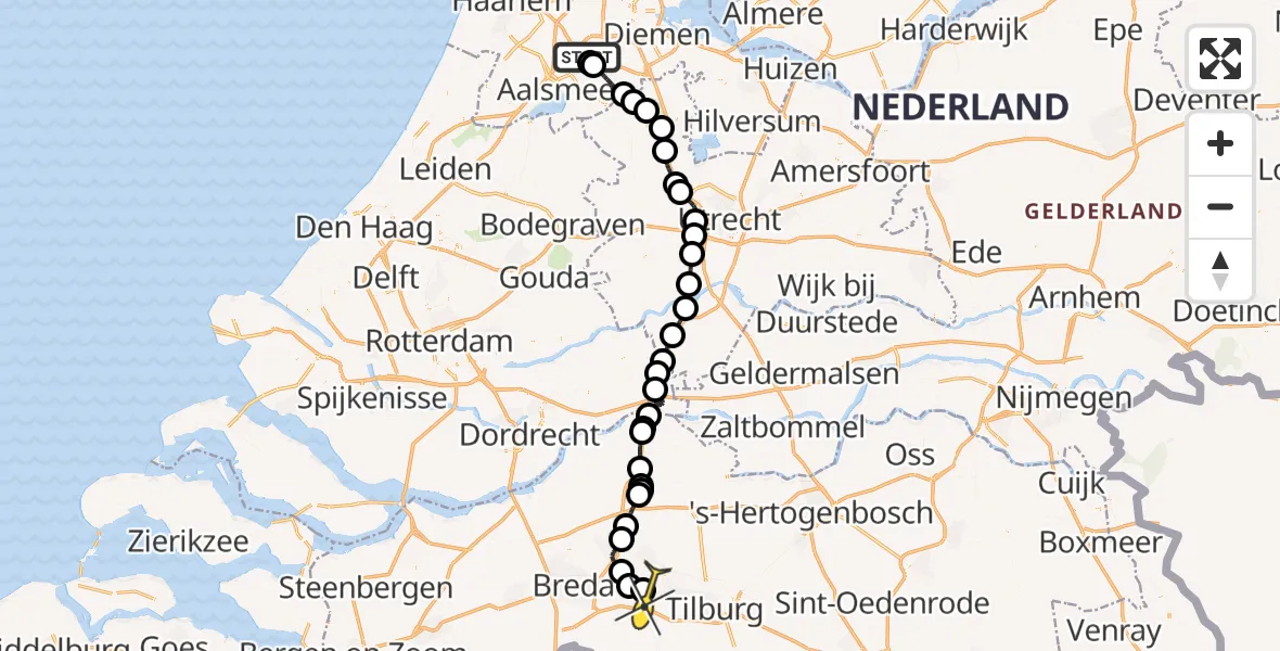 Routekaart van de vlucht: Politieheli naar Vliegbasis Gilze-Rijen