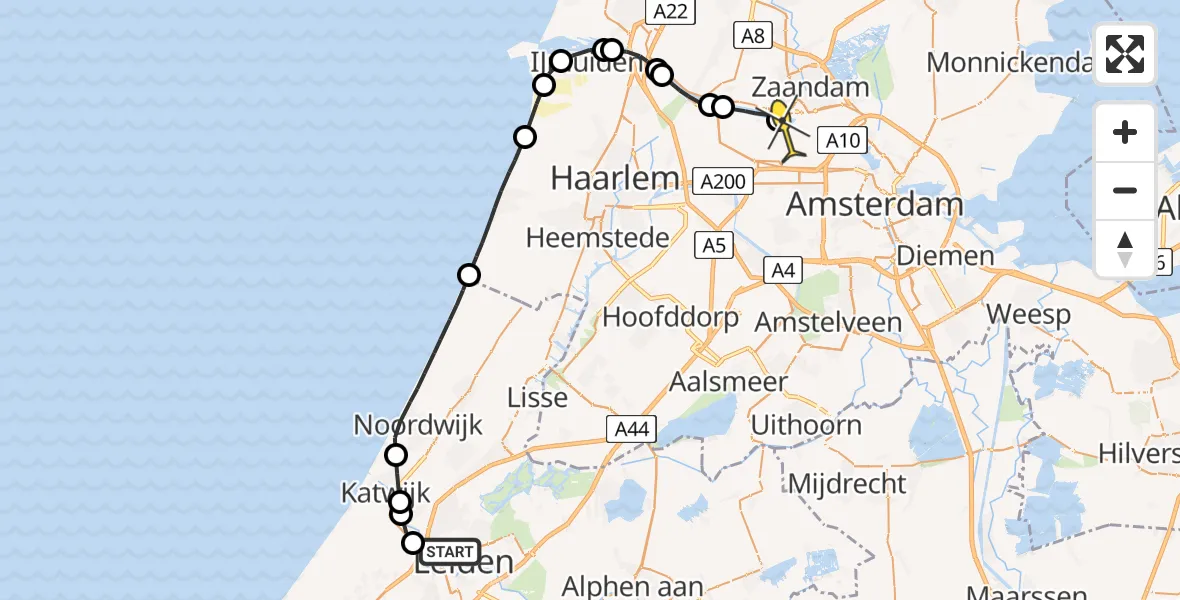 Routekaart van de vlucht: Lifeliner 1 naar Amsterdam Heliport