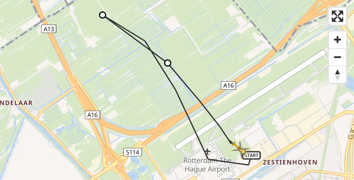 Vluchtroute Traumahelikopter Rotterdam The Hague Airport - Rotterdam The Hague Airport, 02 november 2023, 10:52