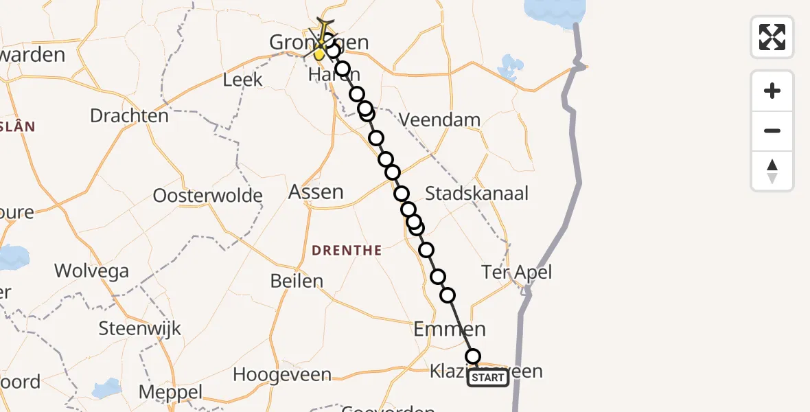 Routekaart van de vlucht: Lifeliner 4 naar Universitair Medisch Centrum Groningen