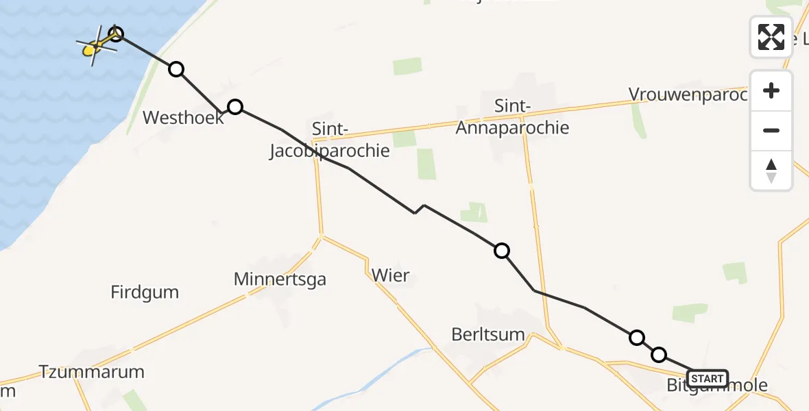 Routekaart van de vlucht: Ambulanceheli naar Oosterend