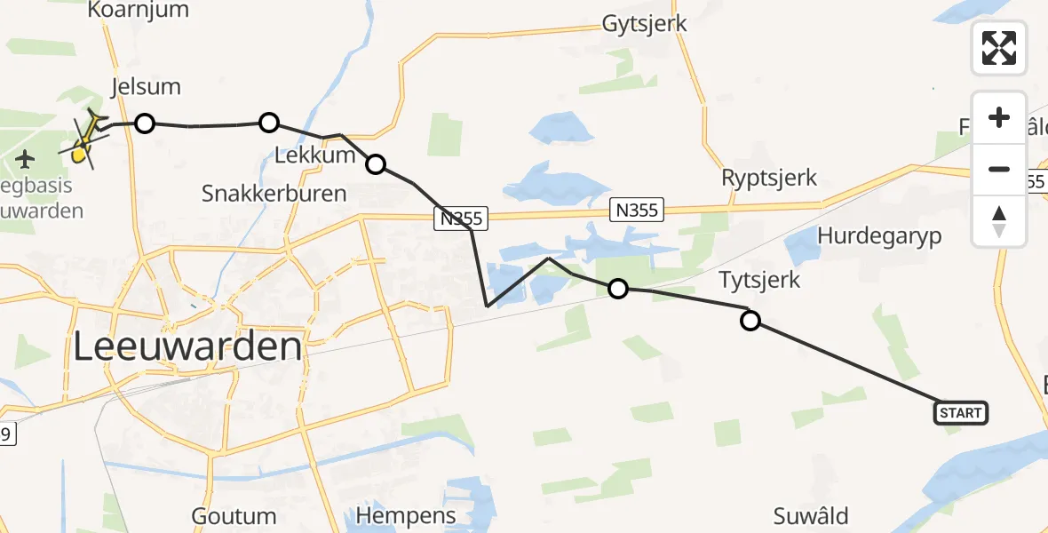 Routekaart van de vlucht: Ambulanceheli naar Vliegbasis Leeuwarden