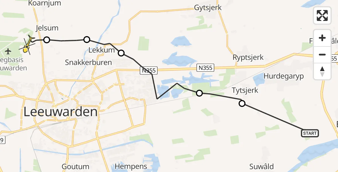 Routekaart van de vlucht: Ambulancehelikopter naar Vliegbasis Leeuwarden