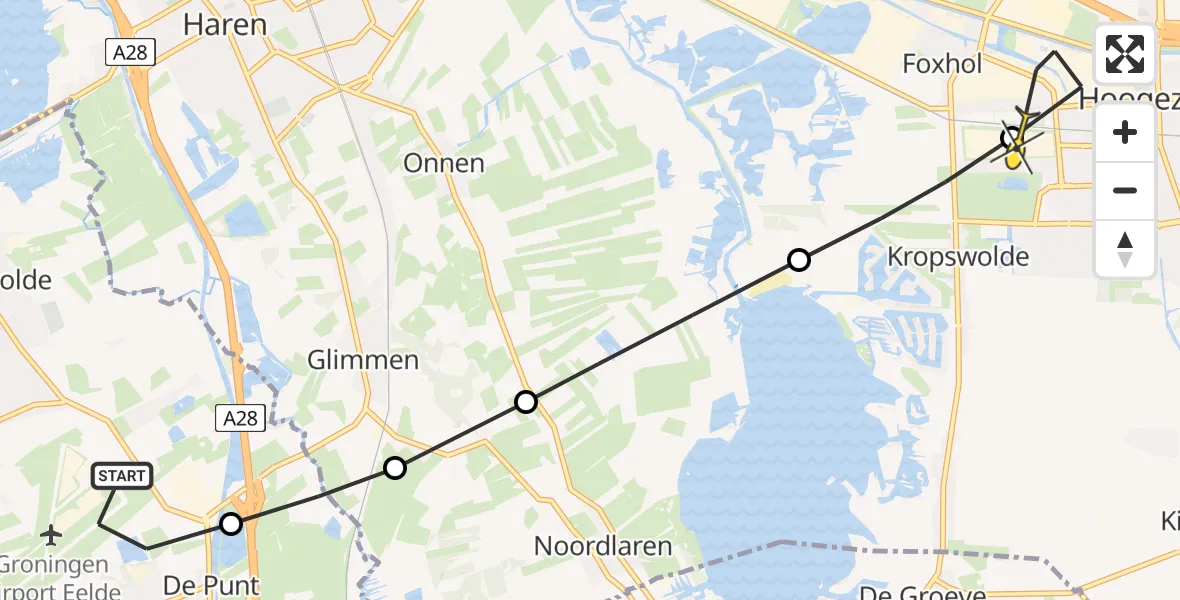 Routekaart van de vlucht: Lifeliner 4 naar Hoogezand