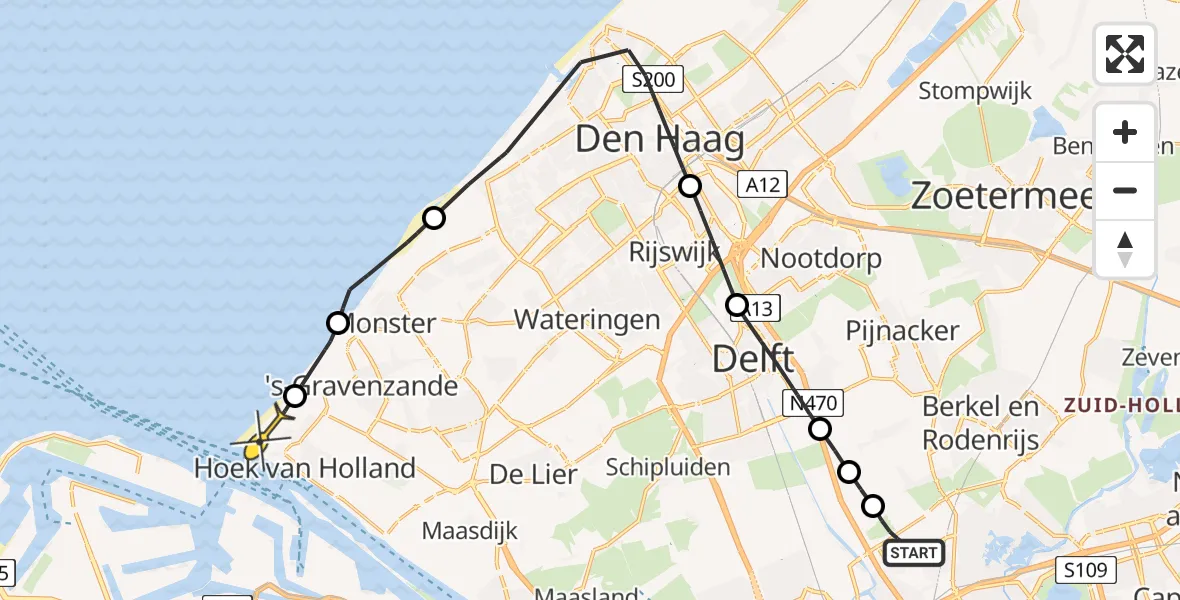 Routekaart van de vlucht: Politieheli naar Hoek van Holland