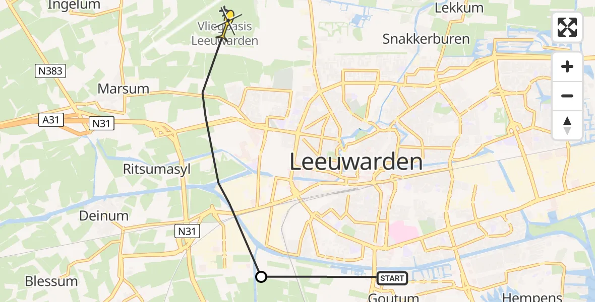 Routekaart van de vlucht: Ambulancehelikopter naar Vliegbasis Leeuwarden