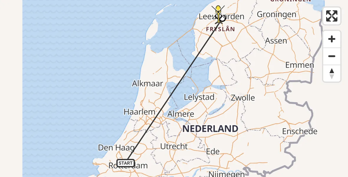 Vluchtroute Traumahelikopter van Rotterdam The Hague Airport naar Leeuwarden