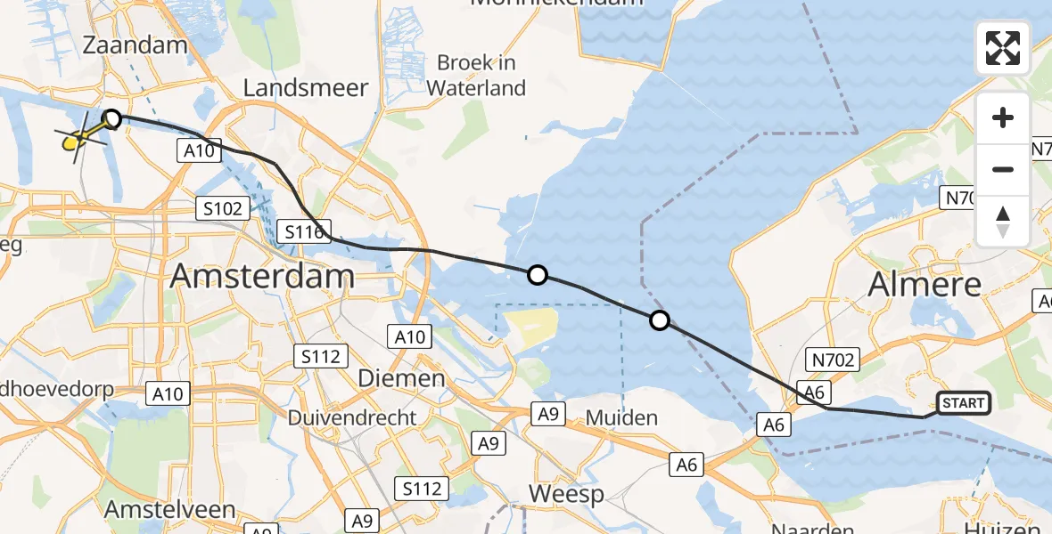 Routekaart van de vlucht: Lifeliner 1 naar Amsterdam Heliport