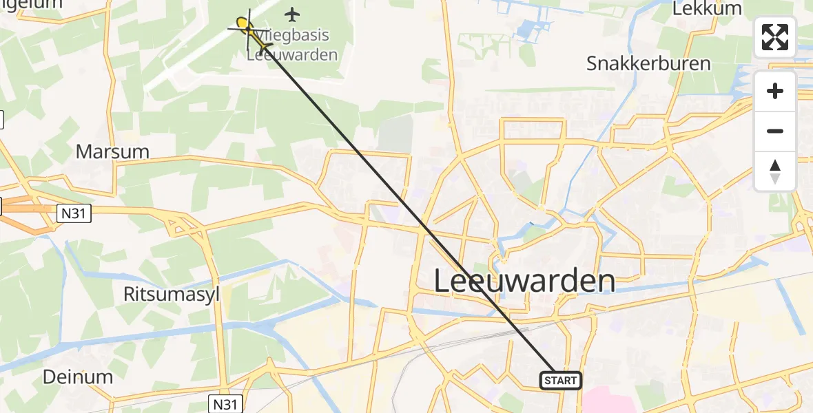 Vluchtroute Ambulancehelikopter van Leeuwarden naar Vliegbasis Leeuwarden