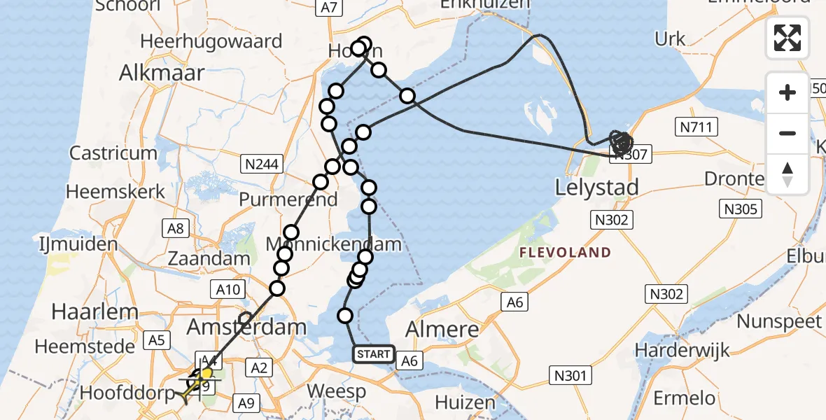 Routekaart van de vlucht: Politieheli naar Schiphol