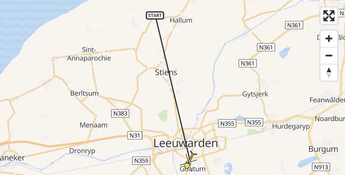 Routekaart van de vlucht: Ambulancehelikopter naar Leeuwarden