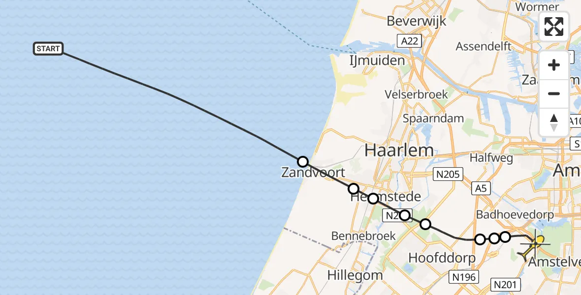 Routekaart van de vlucht: Politieheli naar Schiphol