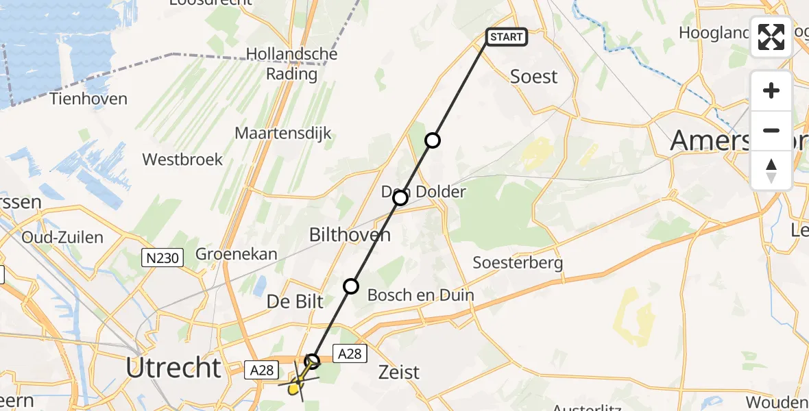 Routekaart van de vlucht: Lifeliner 1 naar Universitair Medisch Centrum Utrecht